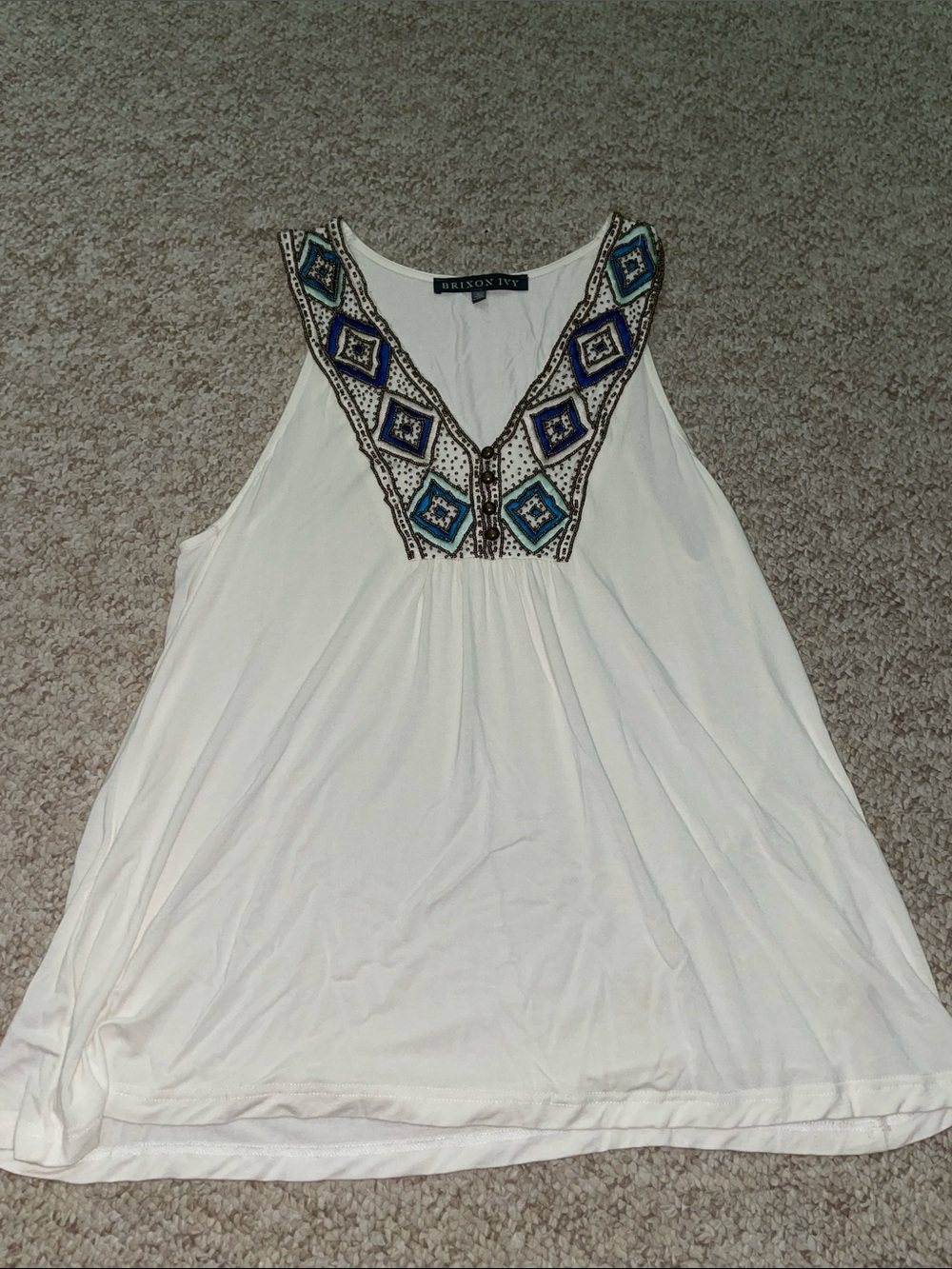 Brixon Ivy White Sleeveless Tank with Blue & Turquoise Embroidery sequins